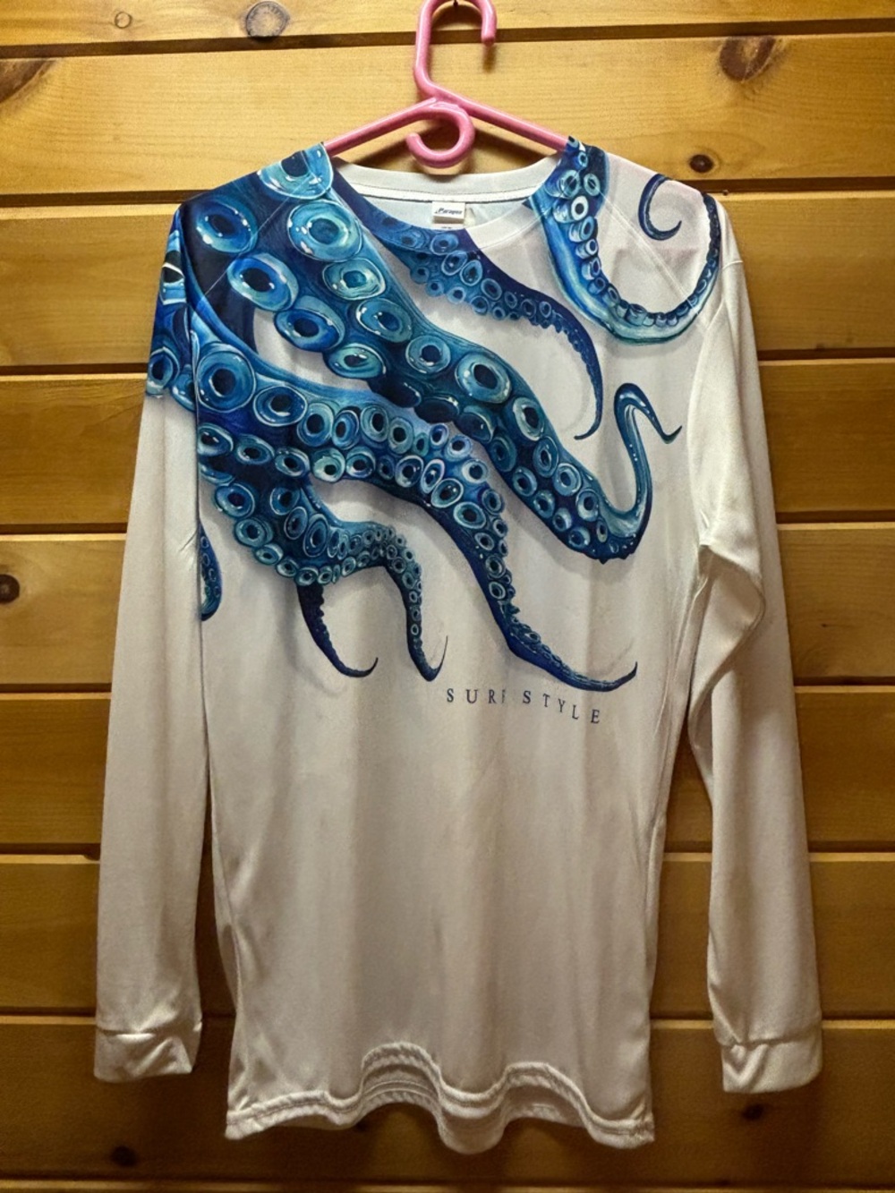 White Long-Sleeve Top with Blue Octopus Tentacle Print